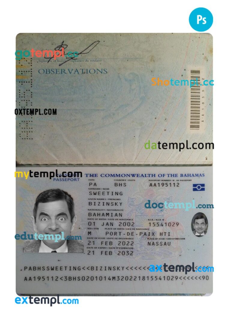 Bahamas passport PSD template, 2022-present