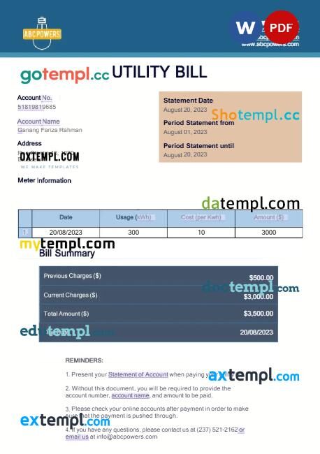 Belgium ABC Powers electricity utility bill in Word and PDF format