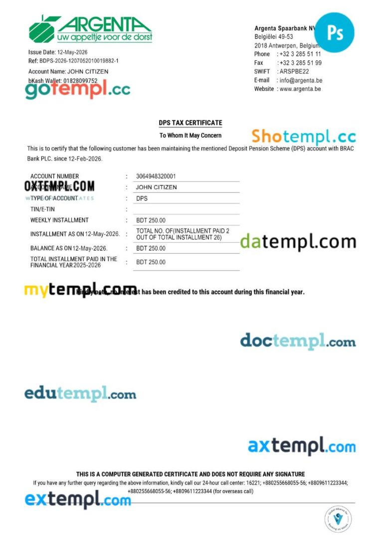 Belgium Argenta bank tax certificate template in Word and PDF formats
