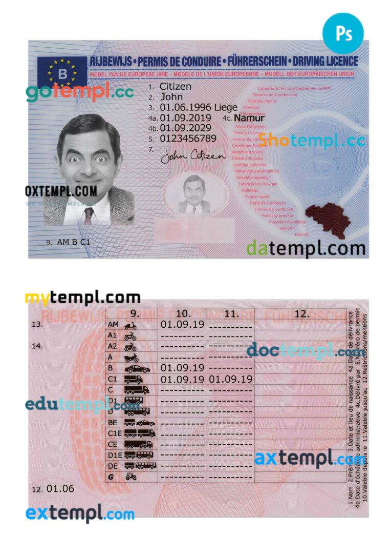 Belgium driving license PSD editable template, 2019-present