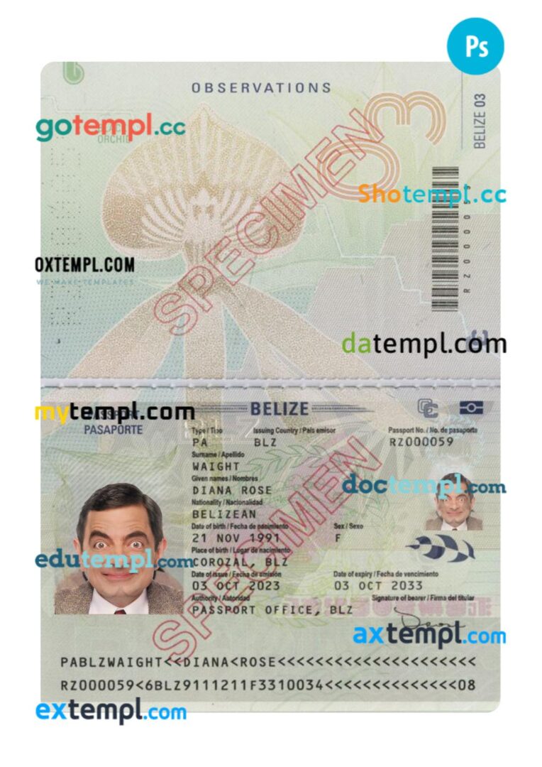 Belize passport PSD template, 2023-present