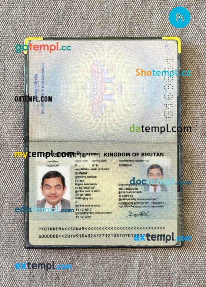 Bhutan passport PSD files with address page, scan and photo-realistic look