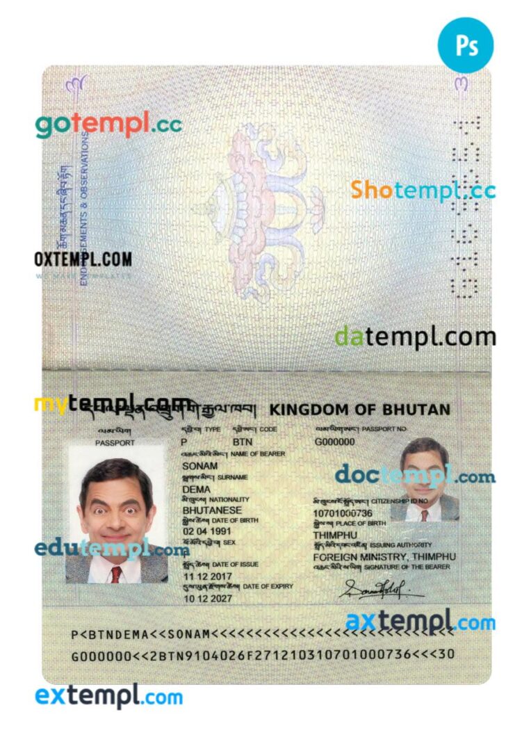 Bhutan passport PSD template