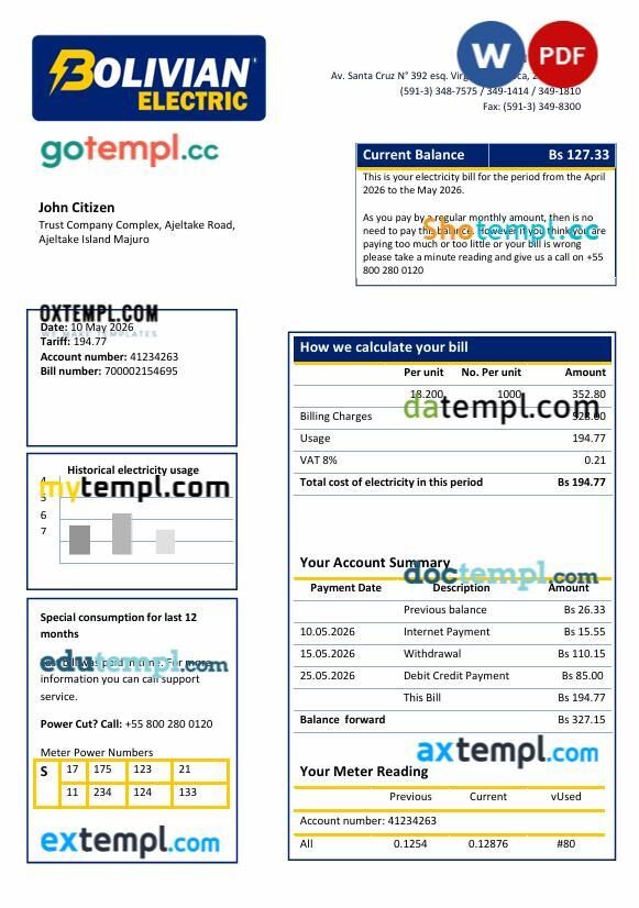 Bolivian Electric electricity utility bill download example in Word and PDF format