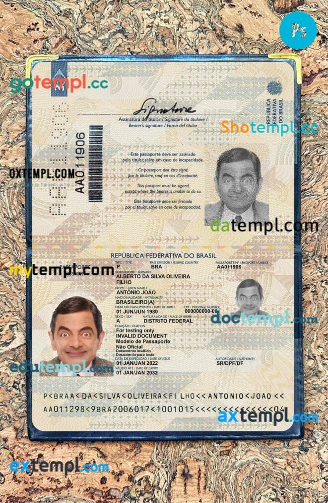 Brazil passport editable PSD files with address page, scan and photo-realistic look, 2022-present