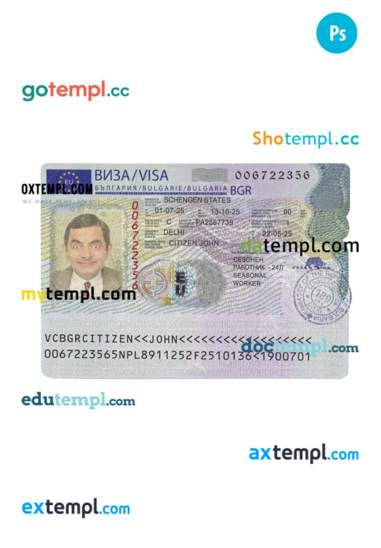 Bulgaria travel visa template in PSD format
