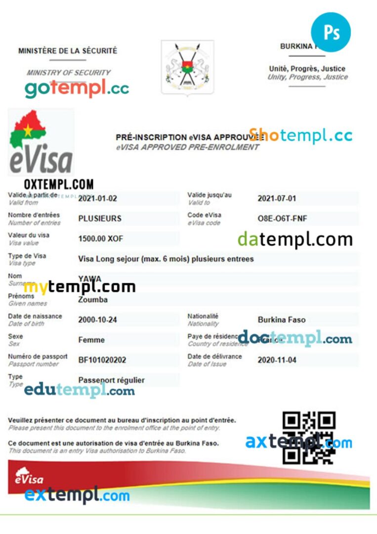 Burkina Faso work permit template in PSD format