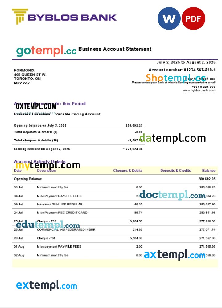 Byblos business bank statement Word and PDF format