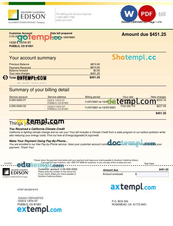 California Edison utility bill template in word and pdf formats, 8 pages
