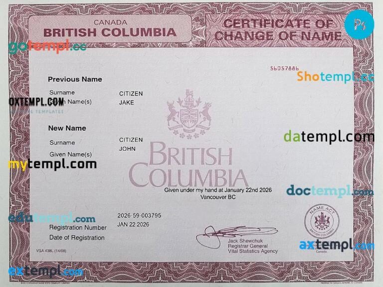 Canada British Columbia certificate of change of name template in PSD format