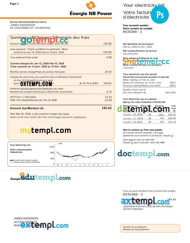 Canada Énergie NB Power electricity utility bill template, fully editable in PSD format