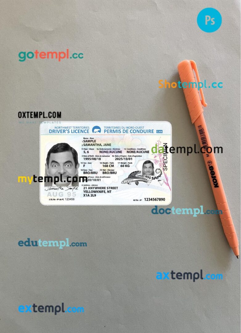 Canada Northwest Territories driving license PSD files, scan look and photographed image, 2 in 1, 2020-present
