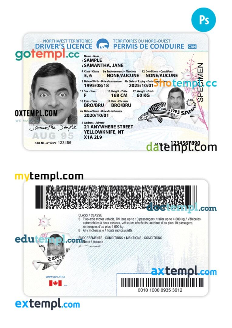 Canada Northwest Territories driving license PSD editable template, 2020-present