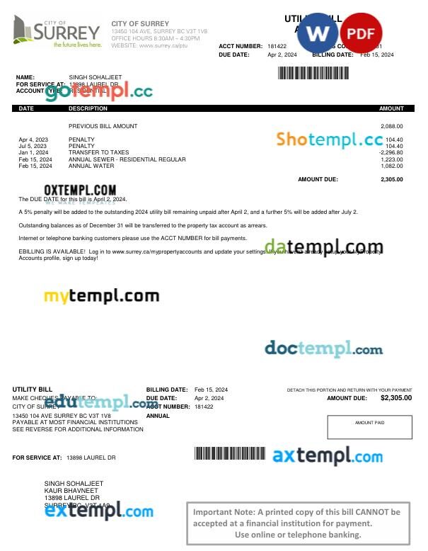 Canada Surrey, British Columbia water bill in Word and PDF format