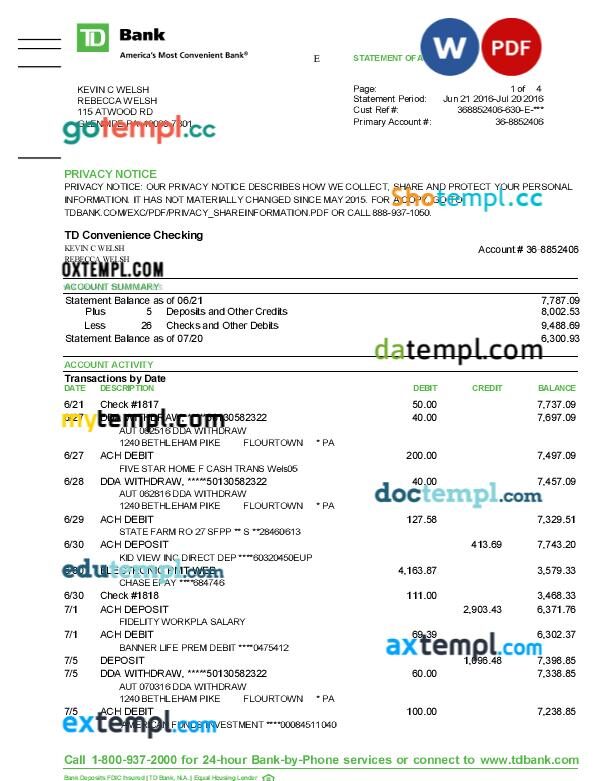Canada TD Bank Statement template in Word and PDF format, 4 pages