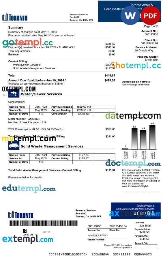 Canada Toronto Water, Sewer utility bill in Word and PDF format