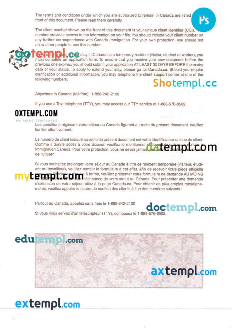 Canada work permit template in PSD format, 2023-present, 2 pages - Image 2