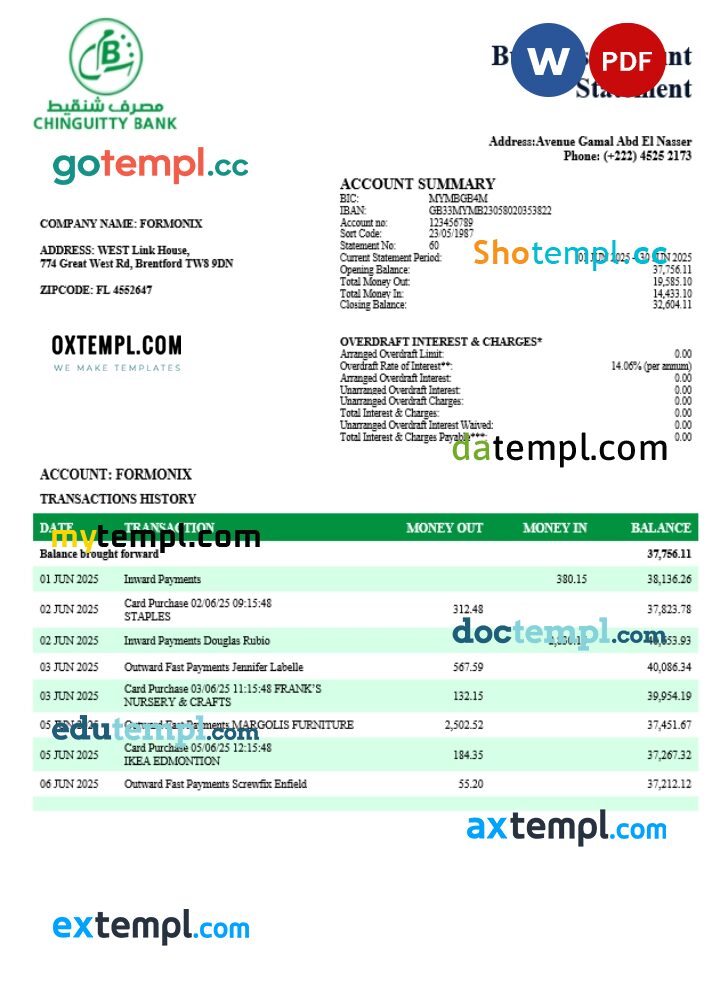 Chinguitty firm account statement Word and PDF template