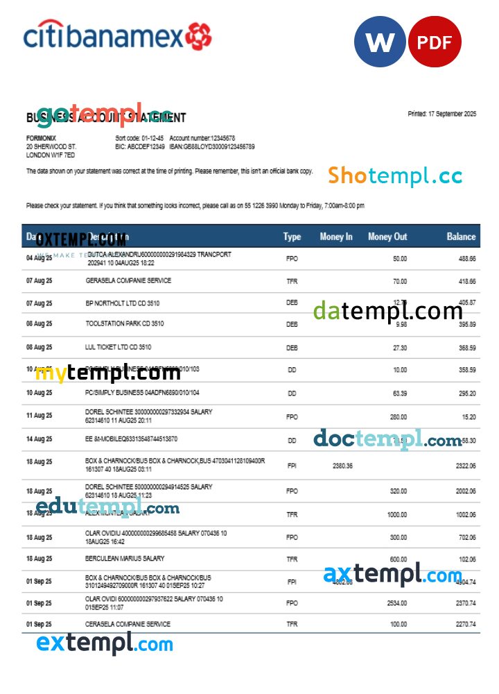 Citibanamex bank business firm account bank statement Word and PDF format