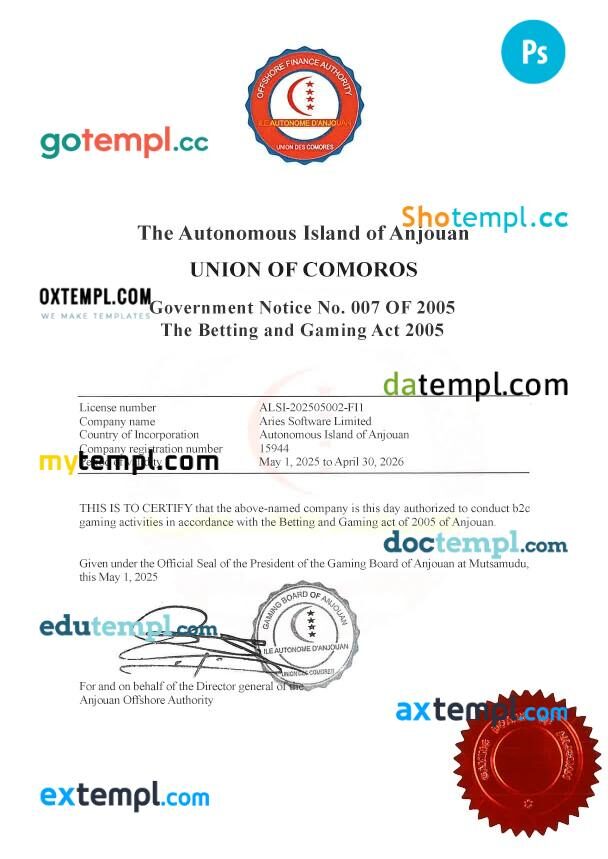 Comoros Gaming License PSD template