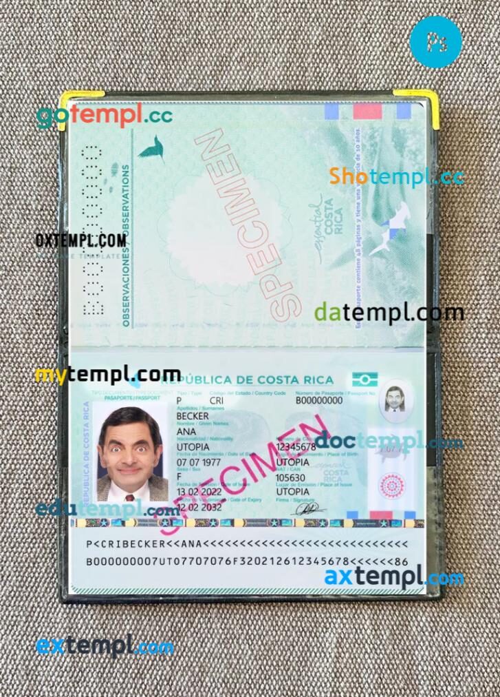 Costa Rica passport PSD files with address page, scan and photo-realistic look, 2022-present