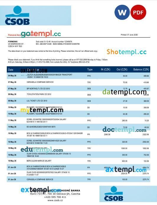 Czech Republic CSOB bank statement template in Word and PDF format