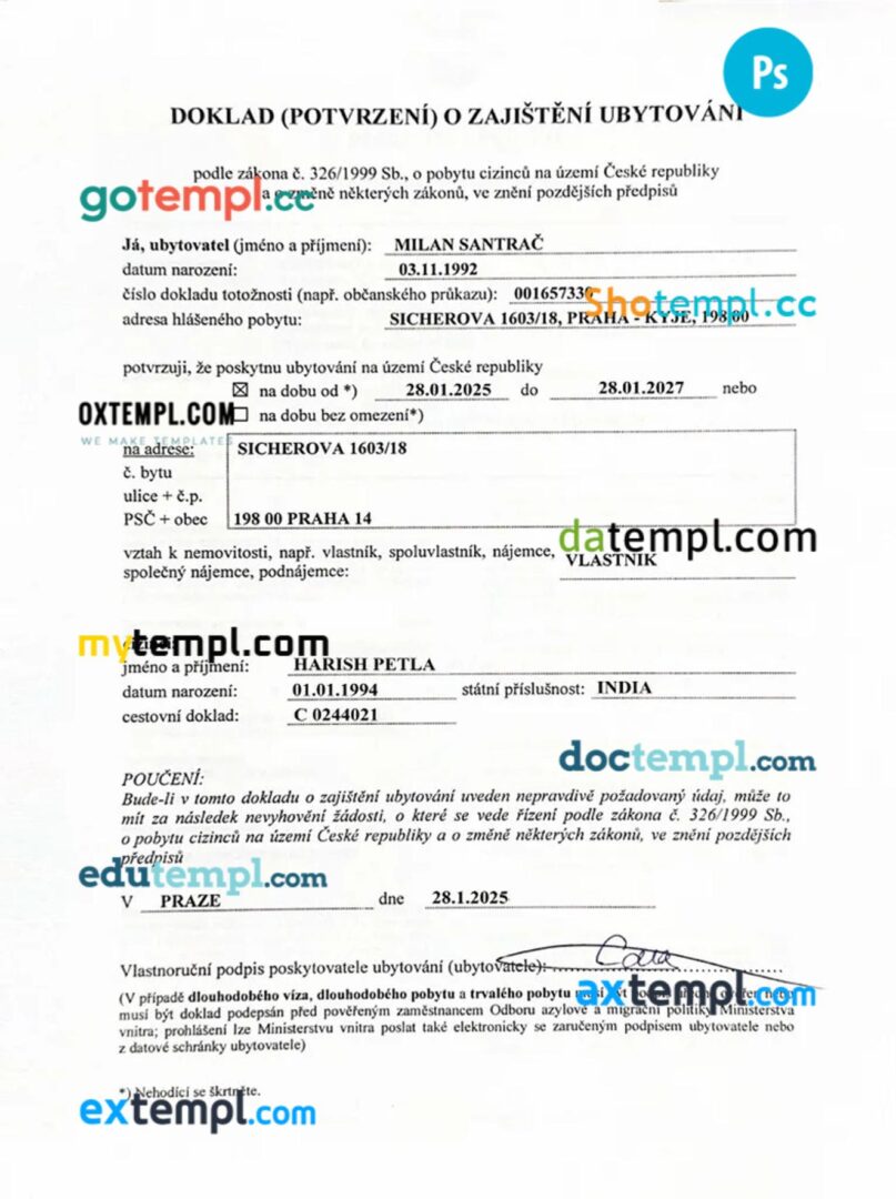 Czech work permit template in PSD format