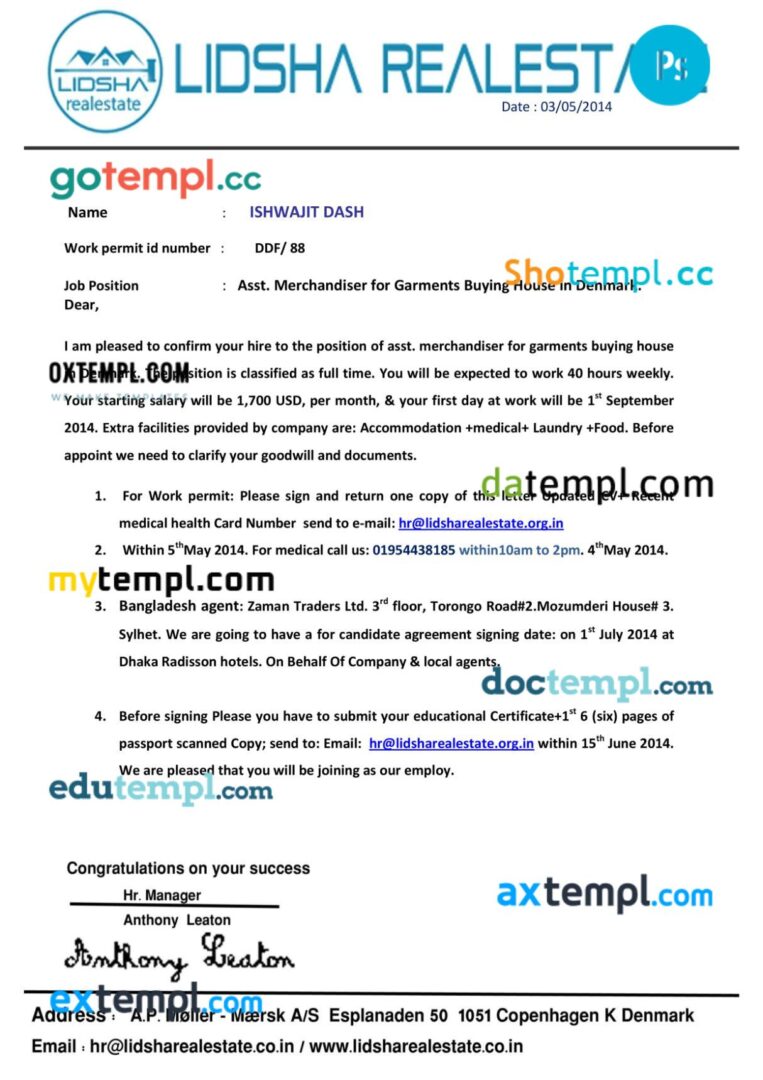 Denmark Lidsha realestate company work permit template in PSD format, 2 pages