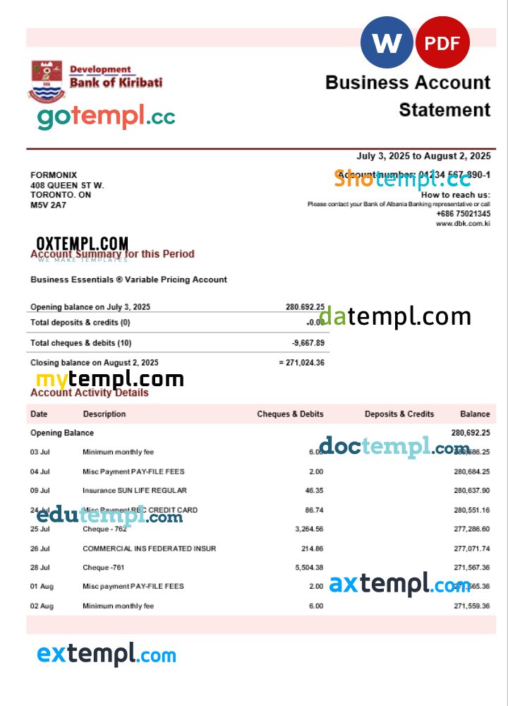 Development Bank of Kiribati firm account statement Word and PDF template