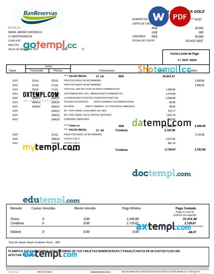 Dominican Republic Banreservas bank statement template in Word and PDF format
