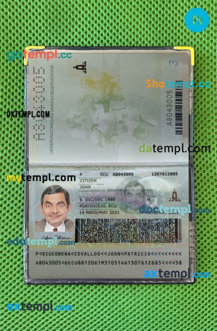 Ecuador passport editable PSD files with address page, scan and photo-realistic look, 2021-present