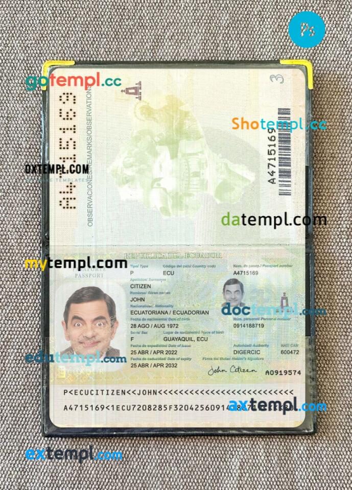 Ecuador passport PSD files with address page, scan and photo-realistic look, 2022-present