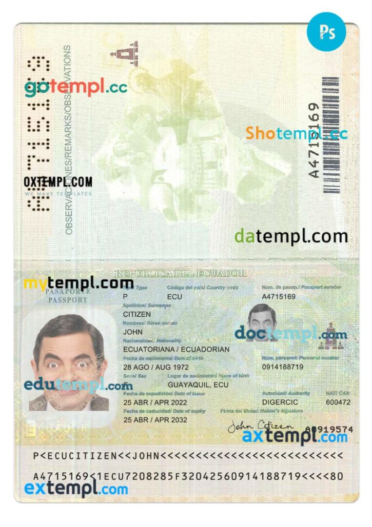 Ecuador passport PSD template, 2022-present