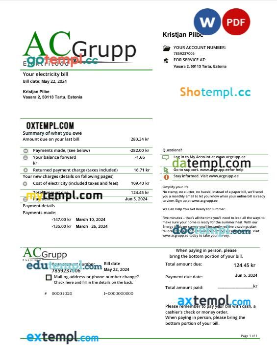 Estonia AC Grupp electricity utility bill in Word and PDF format