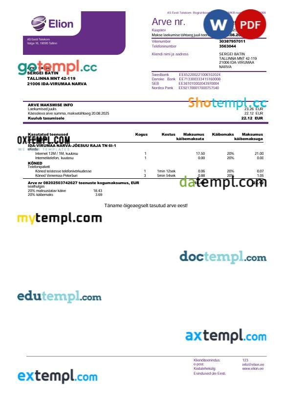 Estonia Elion (AS Eesti Telekom) telecom utility bill in Word and PDF format