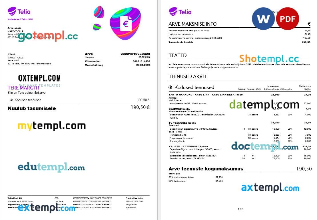 Estonia Telia Eesti utility telecom bill in Word and PDF format