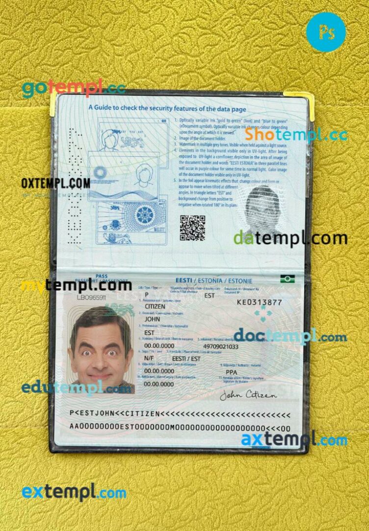 Estonia passport editable PSD files with address page, scan and photo-realistic look, 2022-present