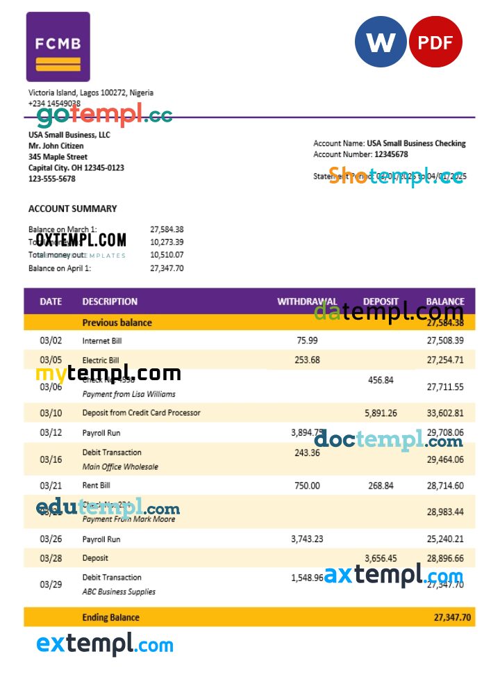 FCMB organization checking account statement Word and PDF template