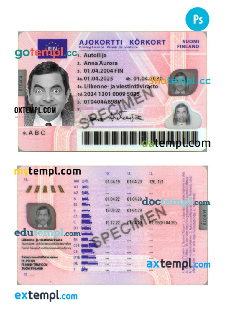 Finland driving license PSD editable template, 2025-present