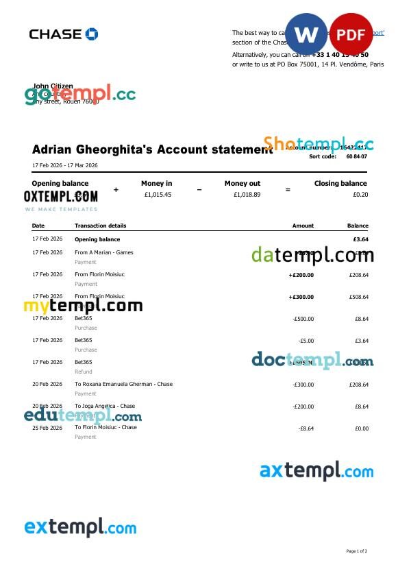 France JP Morgan Chase bank statement template in Word and PDF format