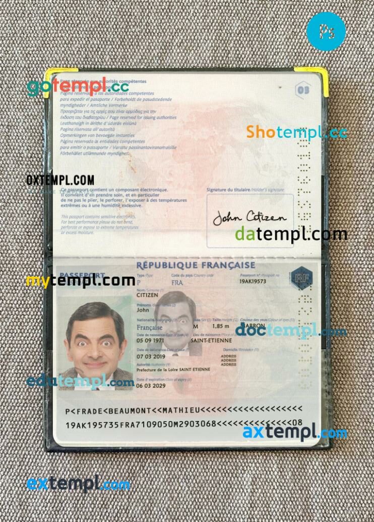 France passport editable PSD files with address page, scan and photo-realistic look, 2019-present