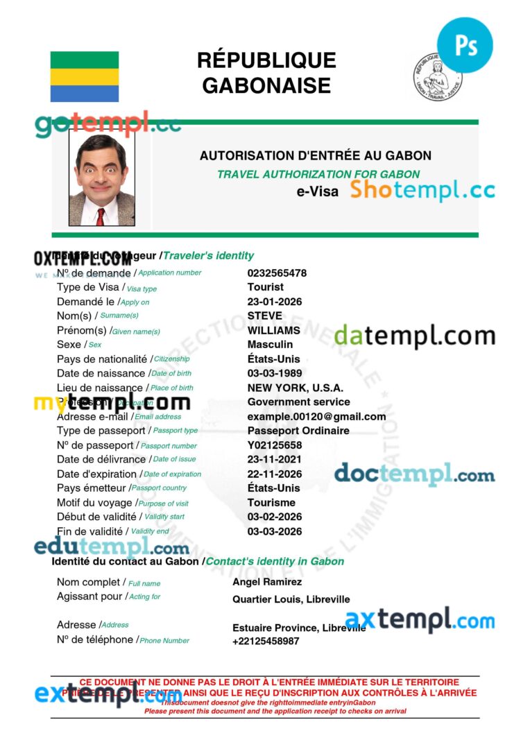 Gabon e-visa template in PSD format, 2026-present