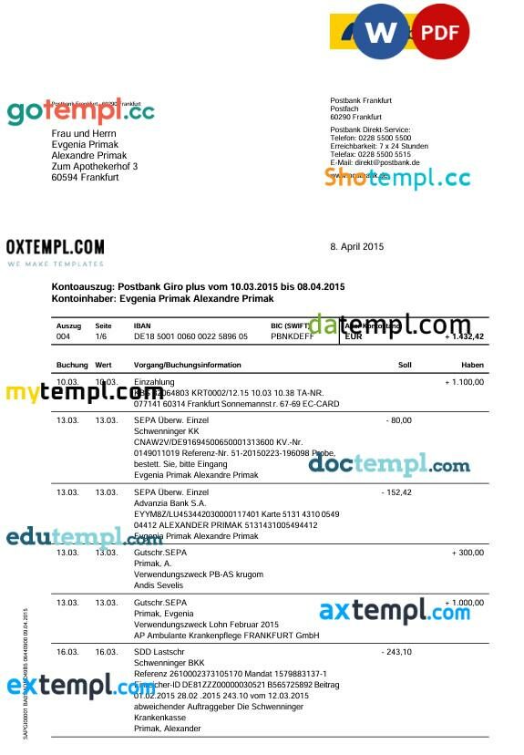 Germany Postbank bank statement template in Word and PDF format, 6 pages