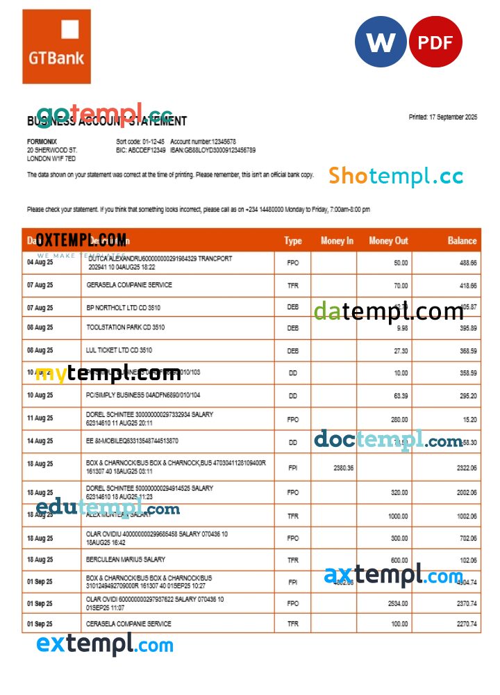 Guaranty Trust enterprise account statement Word and PDF format