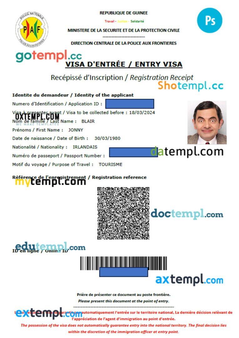 Guinea e-visa template in PSD format, 2024-present