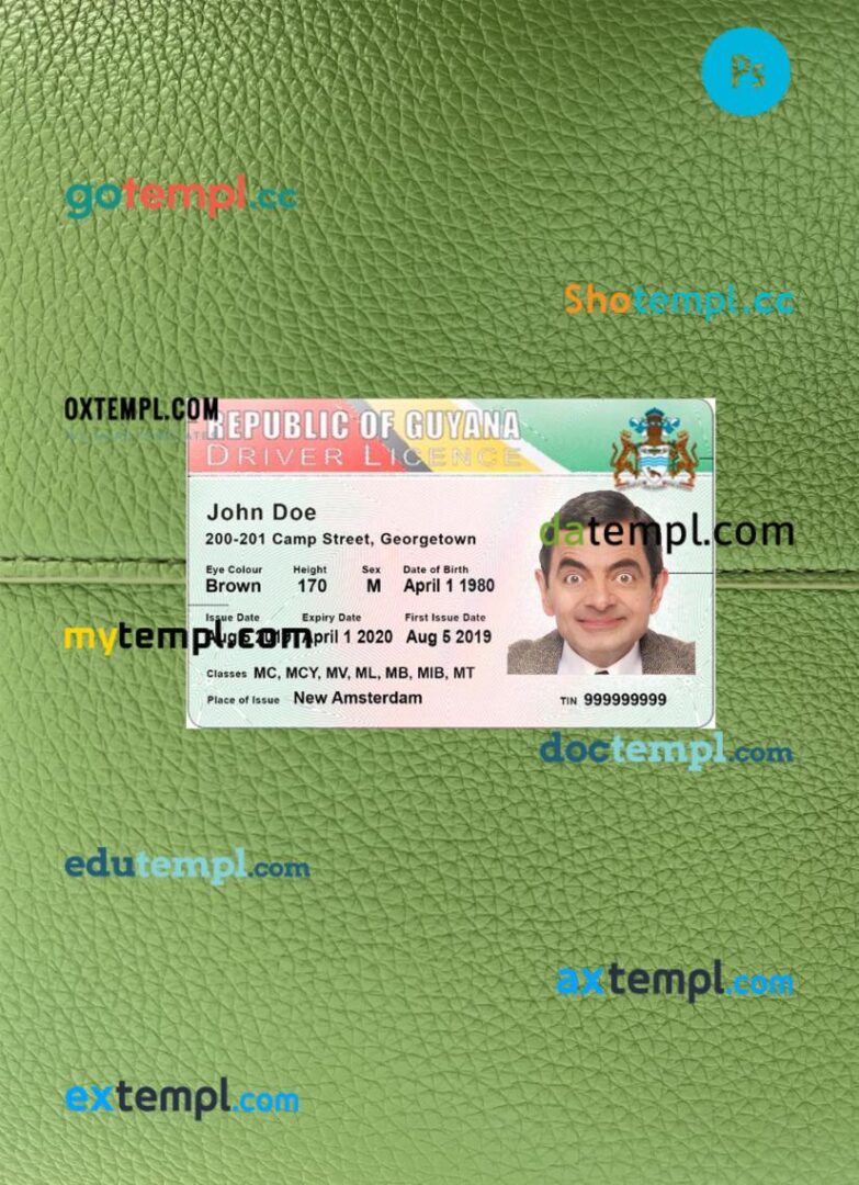 Guyana driving license PSD files, scan look and photographed image, 2 in 1, 2019-present