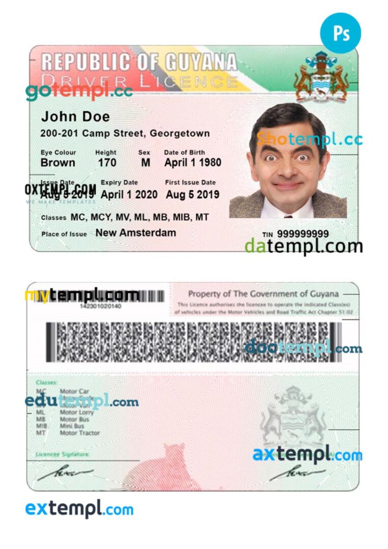 Guyana driving license PSD editable template, 2019-present