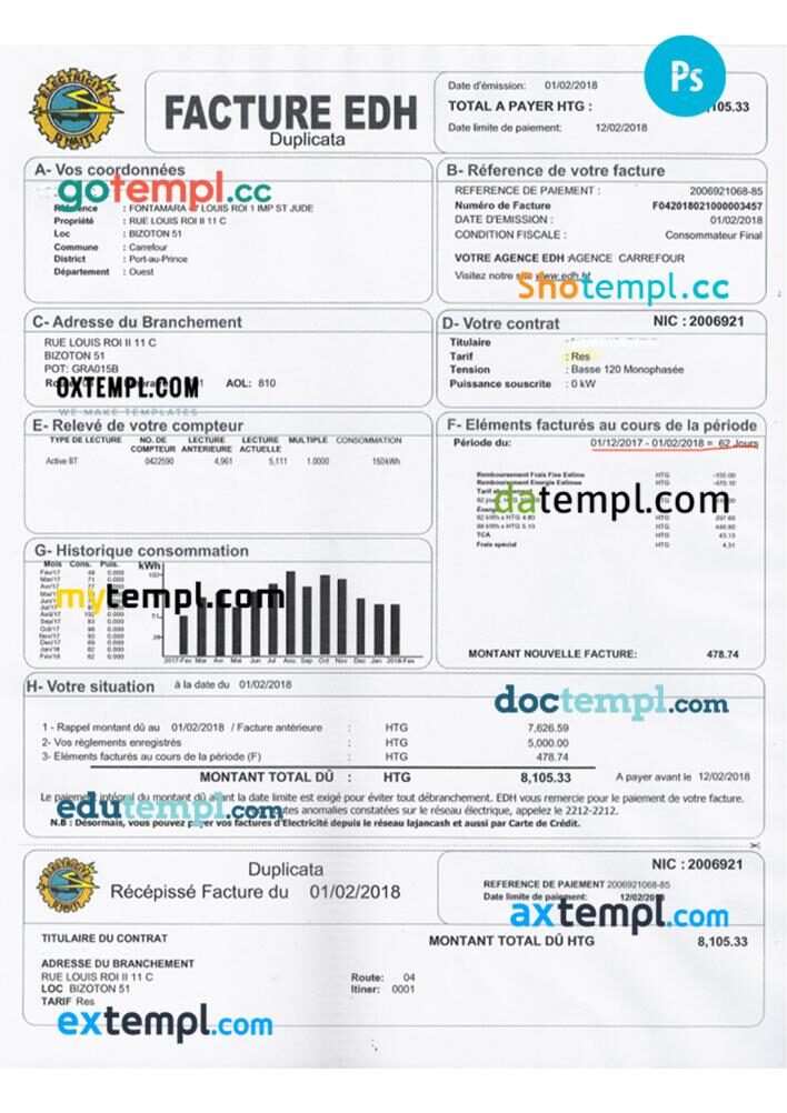 Haiti FACTURE EDH electricity bill template, fully editable in PSD format