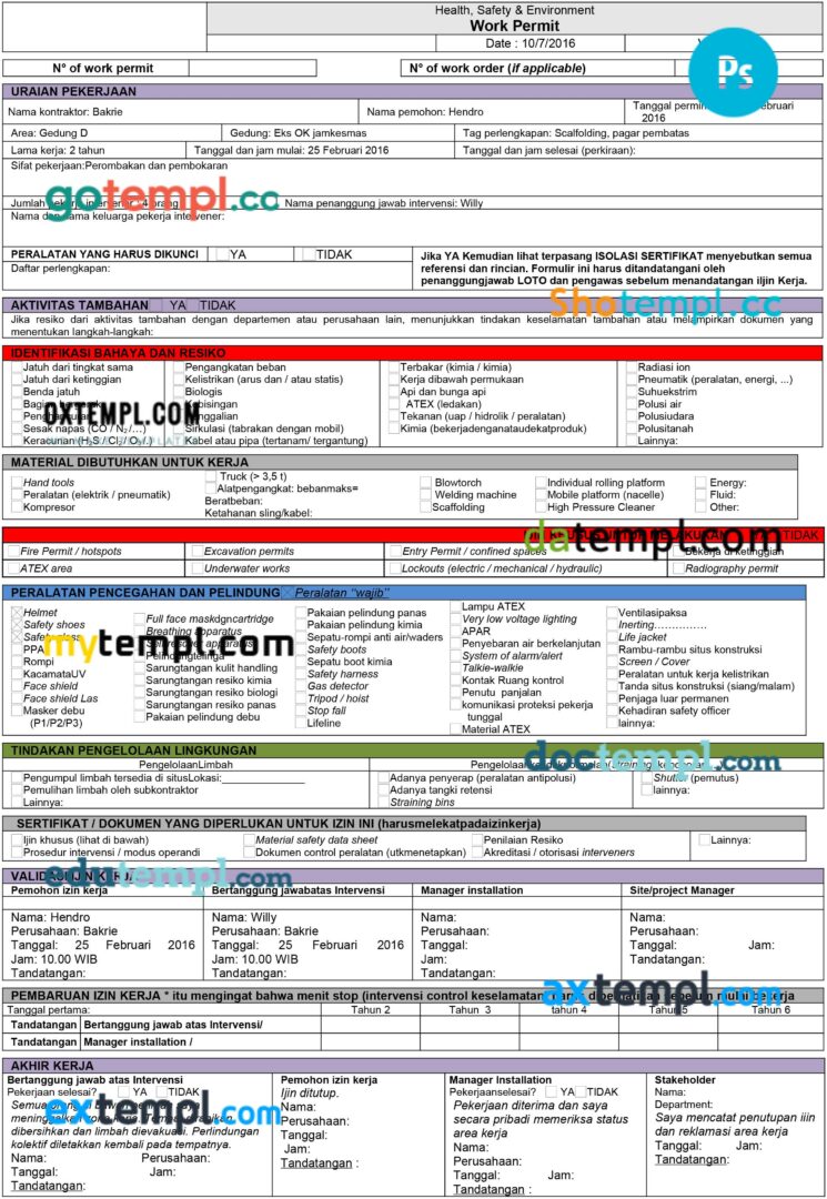Health, Safety & Environment work permit template in PSD format
