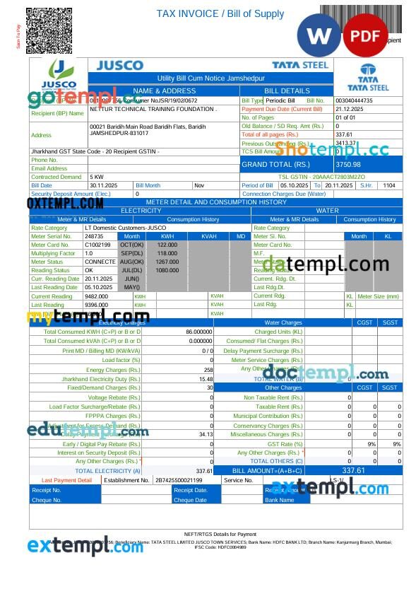 India JUSCO Tata Steel utility bill in Word and PDF format